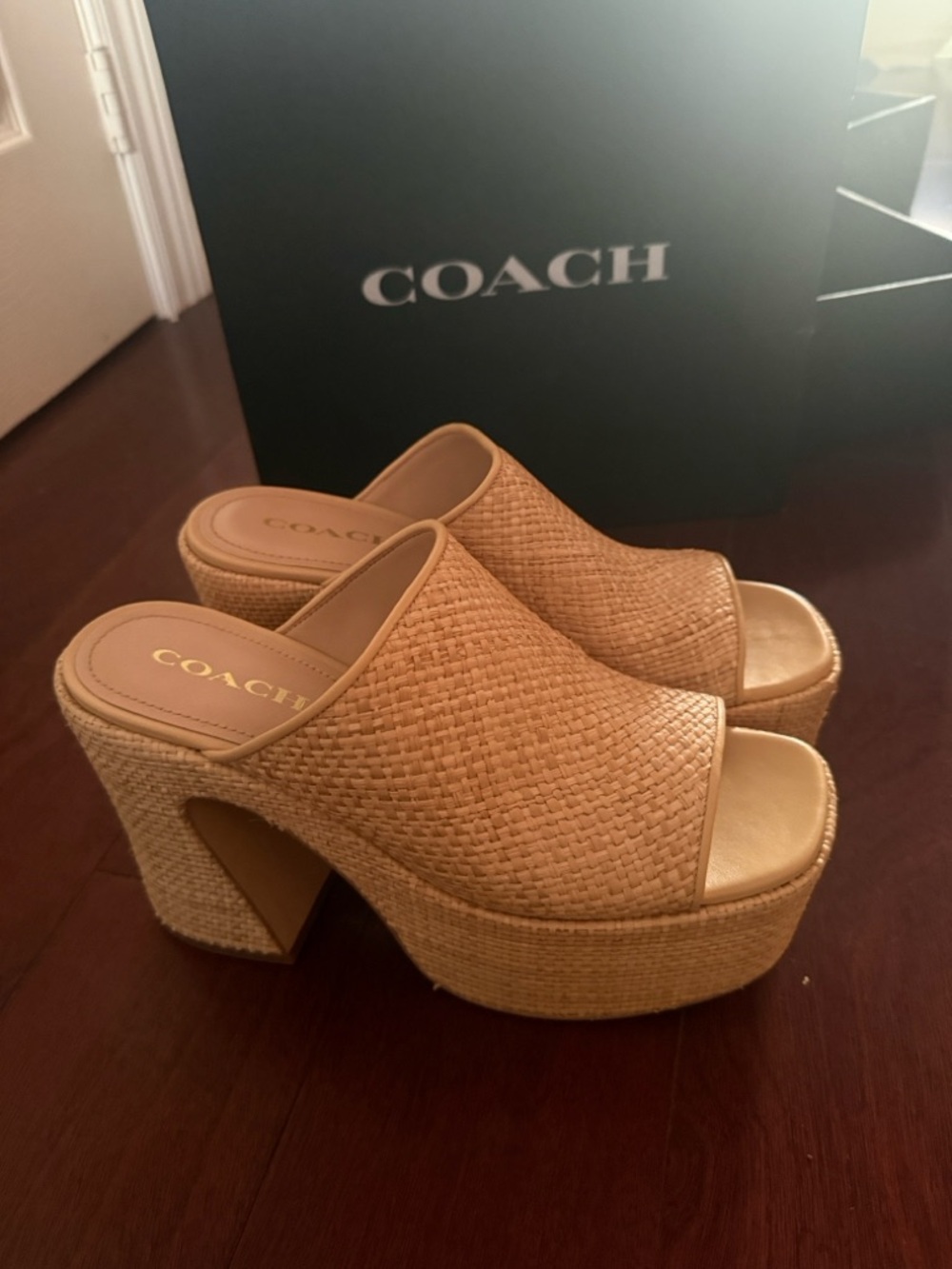 New COACH Tan Woven Platform Mule Sandals